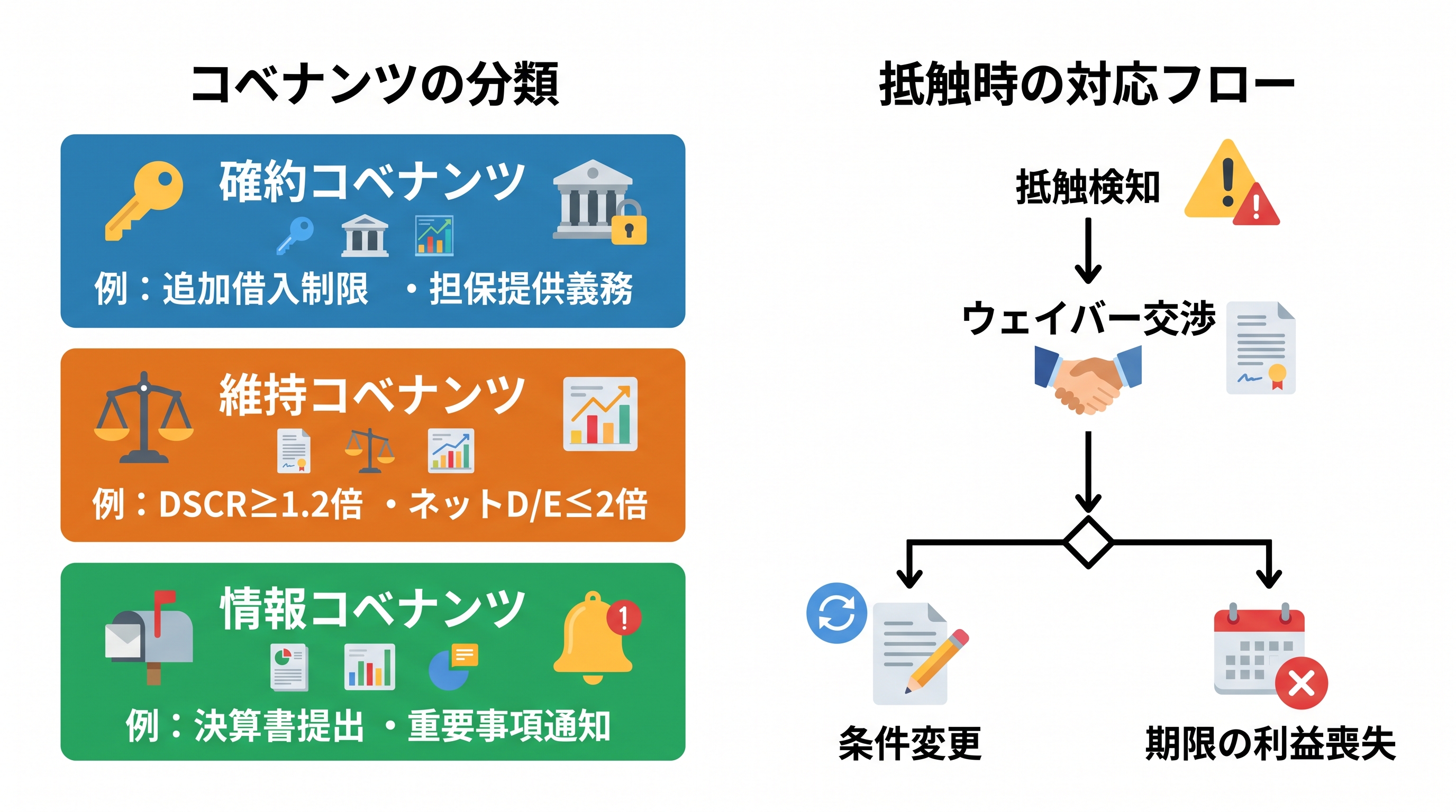 コベナンツの3分類（確約・維持・情報）と抵触時の対応フロー（抵触検知→ウェイバー交渉→条件変更 or 期限の利益喪失）を示す図