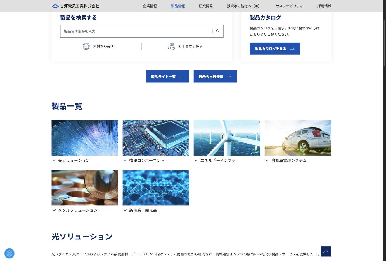 古河電気工業の製品一覧 — 光ソリューション、情報コンポーネント、エネルギーインフラ、自動車電装システム、メタルソリューション、新事業
