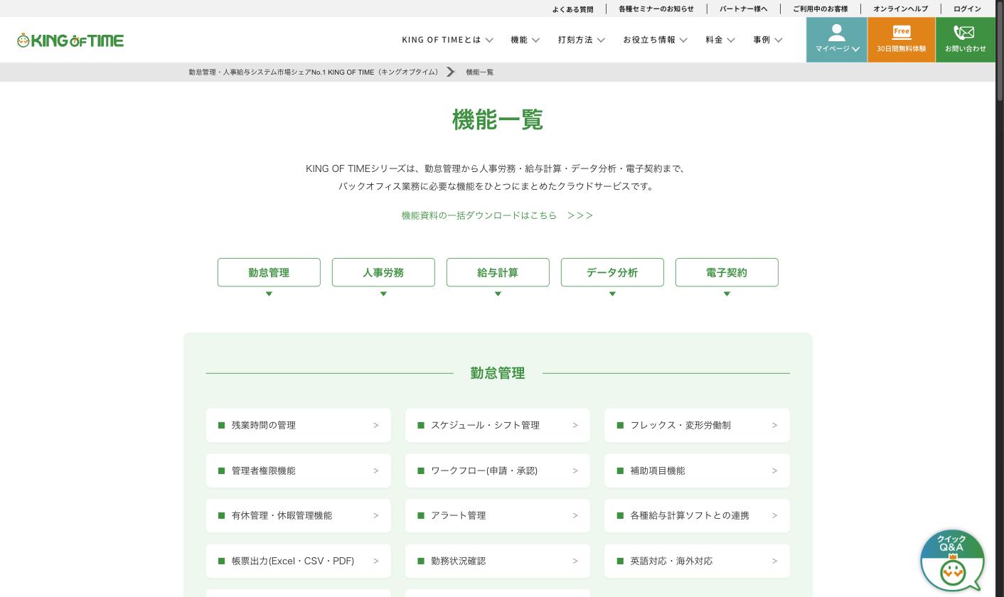 KING OF TIMEの機能一覧ページ。勤怠管理・人事労務・給与計算・データ分析・電子契約の5カテゴリが並ぶ