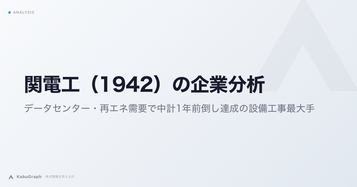 関電工(1942)の企業分析|データセンター・再エネ需要で中計目標を前倒し達成、東電系の総合設備工事大手
