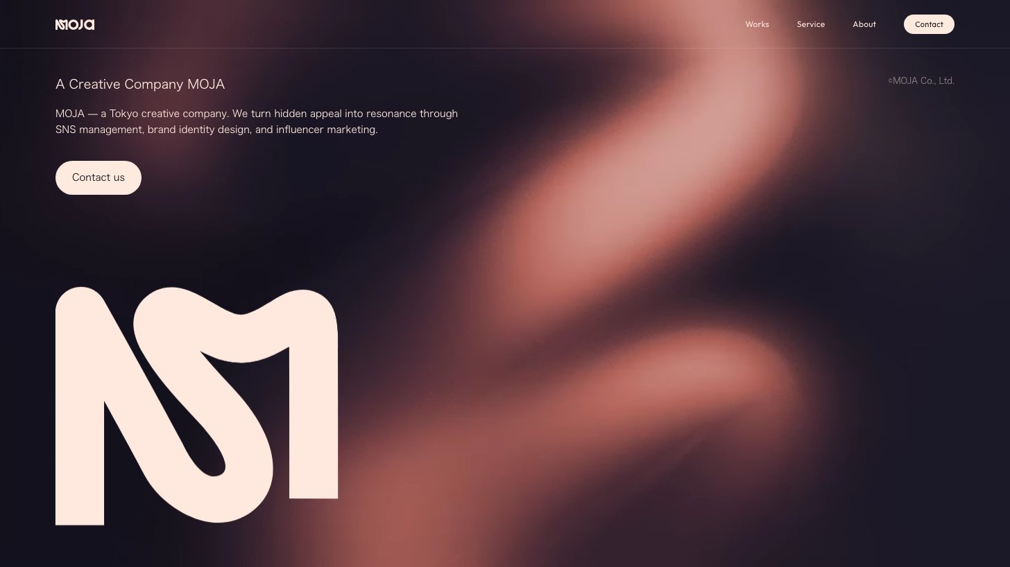 MOJA公式サイトのトップページ。SNS運用、ブランドデザイン、インフルエンサーマーケティングを手がけるクリエイティブカンパニーと紹介している