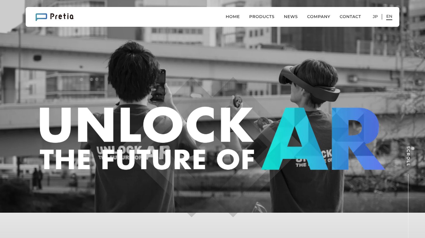 プレティア・テクノロジーズ公式サイトのトップページ。AR技術の会社であることを示すUNLOCK THE FUTURE OF ARのメッセージ