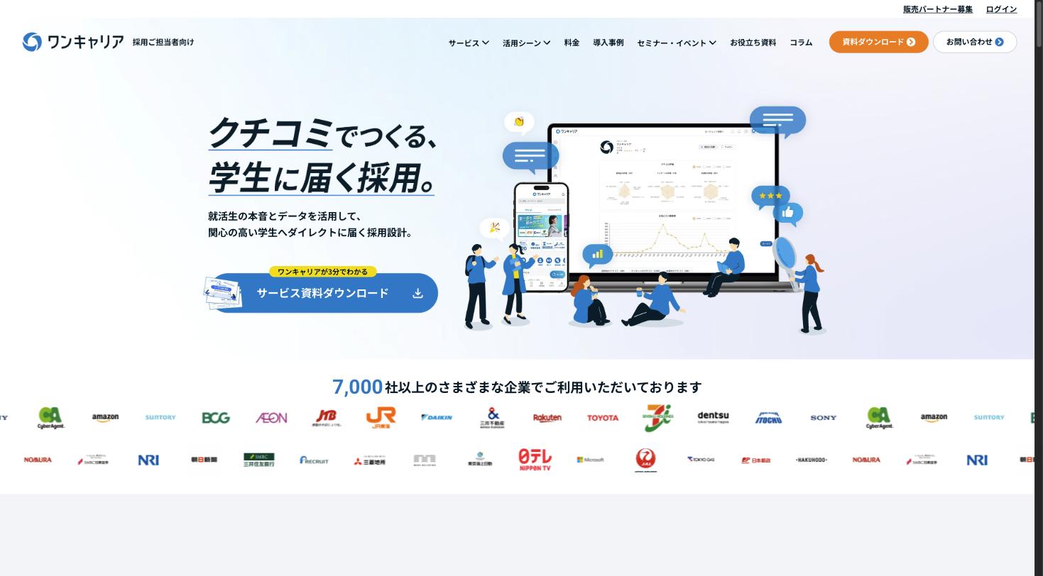 ワンキャリア企業向けサービスページ。クチコミでつくる、学生に届く採用。7,000社以上が利用