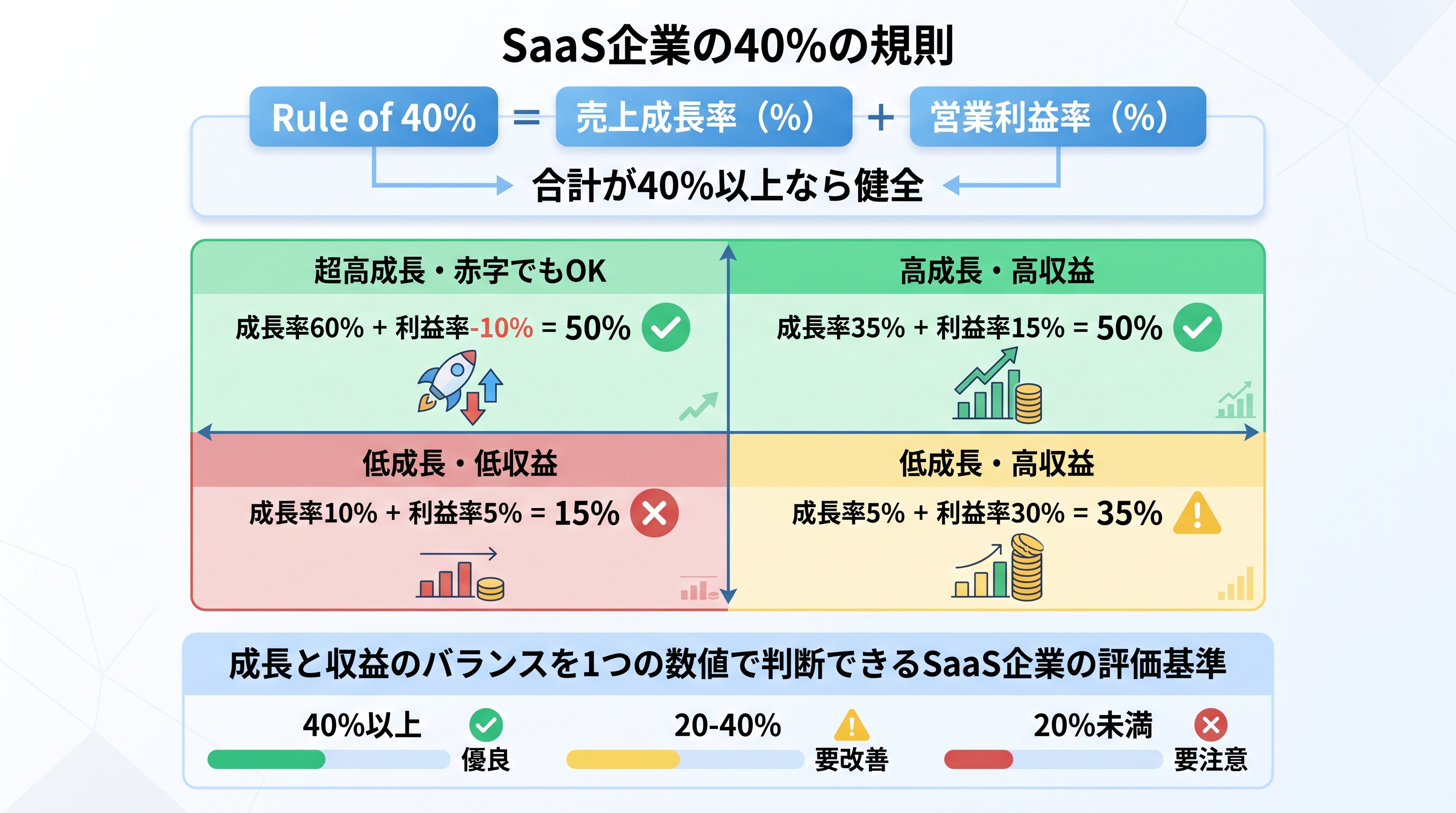 Rule of 40%の図解。売上成長率と営業利益率の合計が40%以上なら健全と判断される