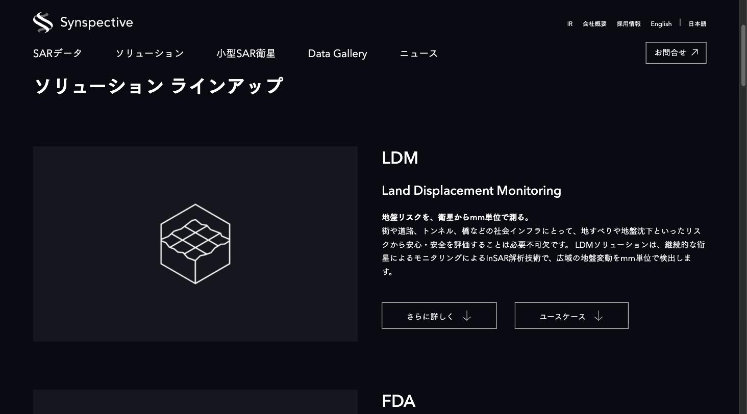 Synspectiveのソリューションラインアップ — LDM（地盤変動監視）、FDA（洪水被害評価）など6つのプロダクト