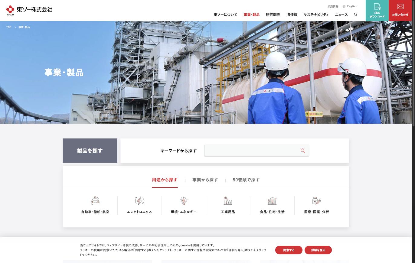 東ソーの事業・製品ページ — 自動車、エレクトロニクス、環境・エネルギー、工業用品、食品・住宅・生活、医療・医薬・分析の6分野